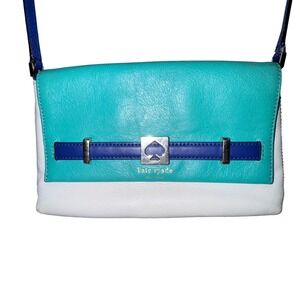 Kate Spade Colorblock Leather Crossbody Bag Teal White Silver Spade